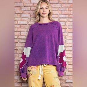 *Boutique* Flower boho patchwork cotton purple sweatshirt top with pockets
